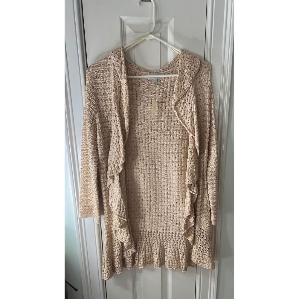 Dressbarn Petite Large Beige Open Front Ruffle Crochet Knit Cardigan Sweater
